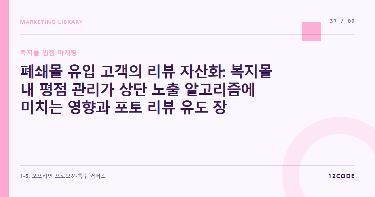12code 라이브러리 아티클 표지. 폐쇄몰 유입 고객의 리뷰 자산화: 복지몰 내 평점 관리가 상단 노출 알고리즘에 미치는 영향과 포토 리뷰 유도 장치
