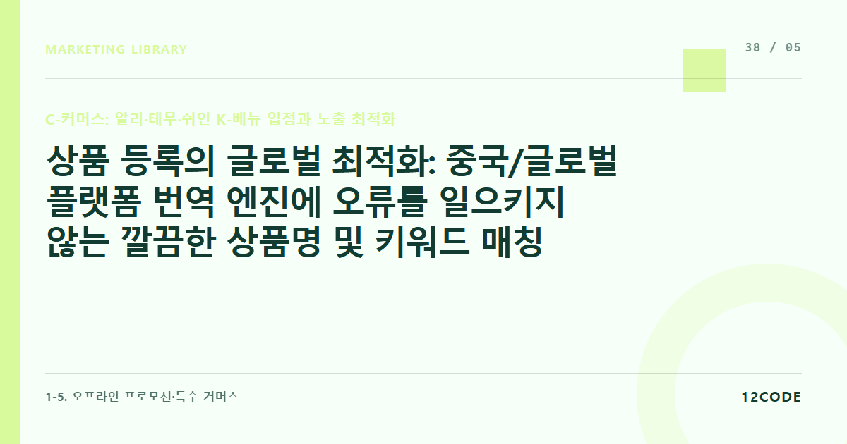 12code 라이브러리 아티클 표지. 상품 등록의 글로벌 최적화: 중국/글로벌 플랫폼 번역 엔진에 오류를 일으키지 않는 깔끔한 상품명 및 키워드 매칭 규칙