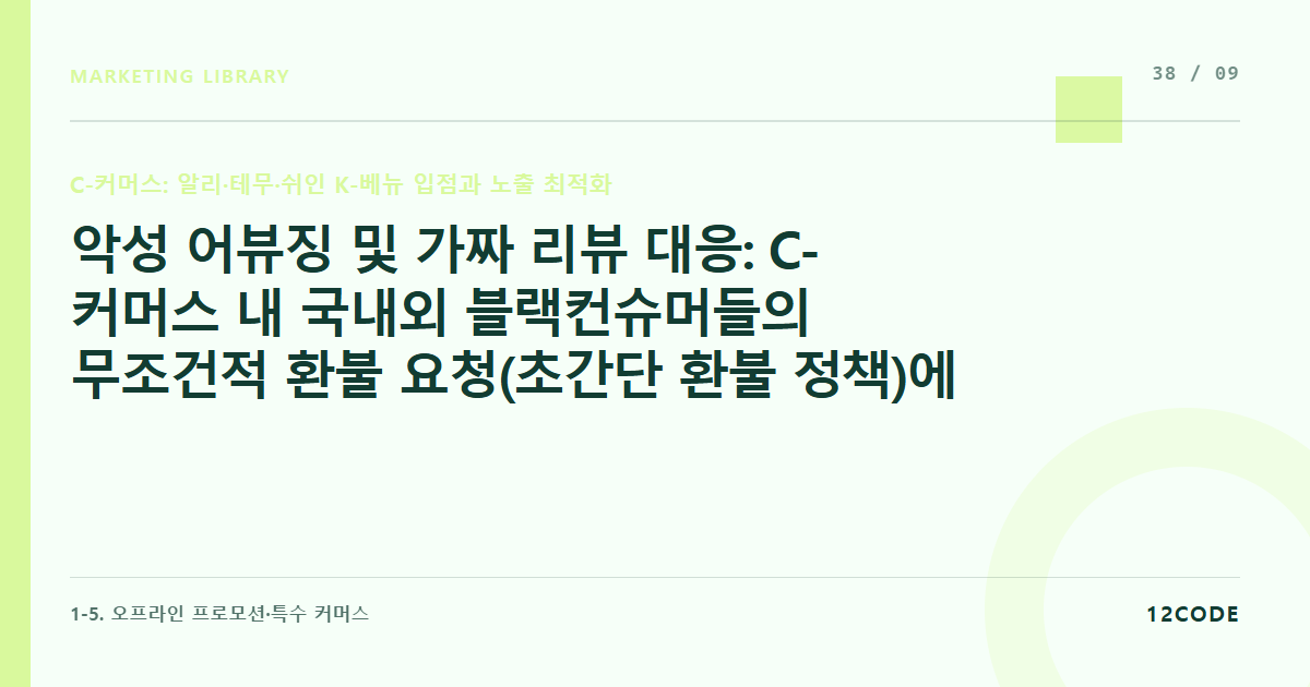 12code 라이브러리 아티클 표지. 악성 어뷰징 및 가짜 리뷰 대응: C-커머스 내 국내외 블랙컨슈머들의 무조건적 환불 요청(초간단 환불 정책)에 따른 브랜드 방어 프로토콜
