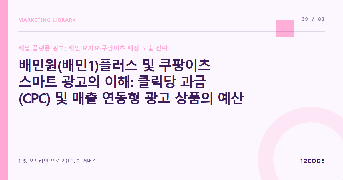 12code 라이브러리 아티클 표지. 배민원(배민1)플러스 및 쿠팡이츠 스마트 광고의 이해: 클릭당 과금(CPC) 및 매출 연동형 광고 상품의 예산 설정과 단가 제어