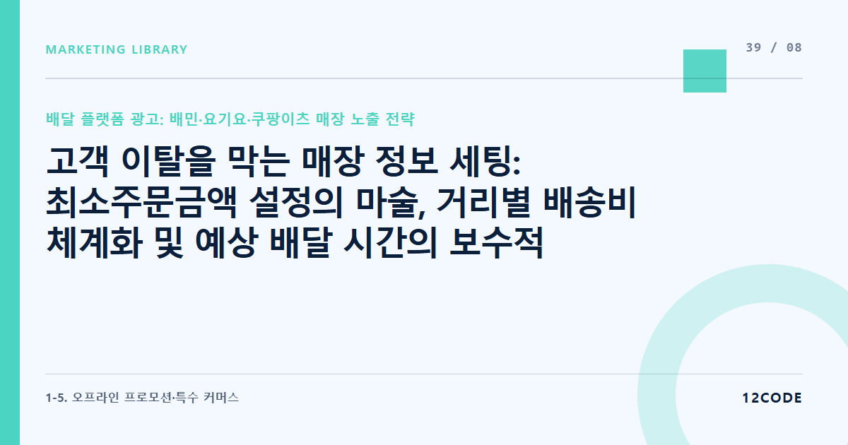 12code 라이브러리 아티클 표지. 고객 이탈을 막는 매장 정보 세팅: 최소주문금액 설정의 마술, 거리별 배송비 체계화 및 예상 배달 시간의 보수적 세팅을 통한 컴플레인 차단
