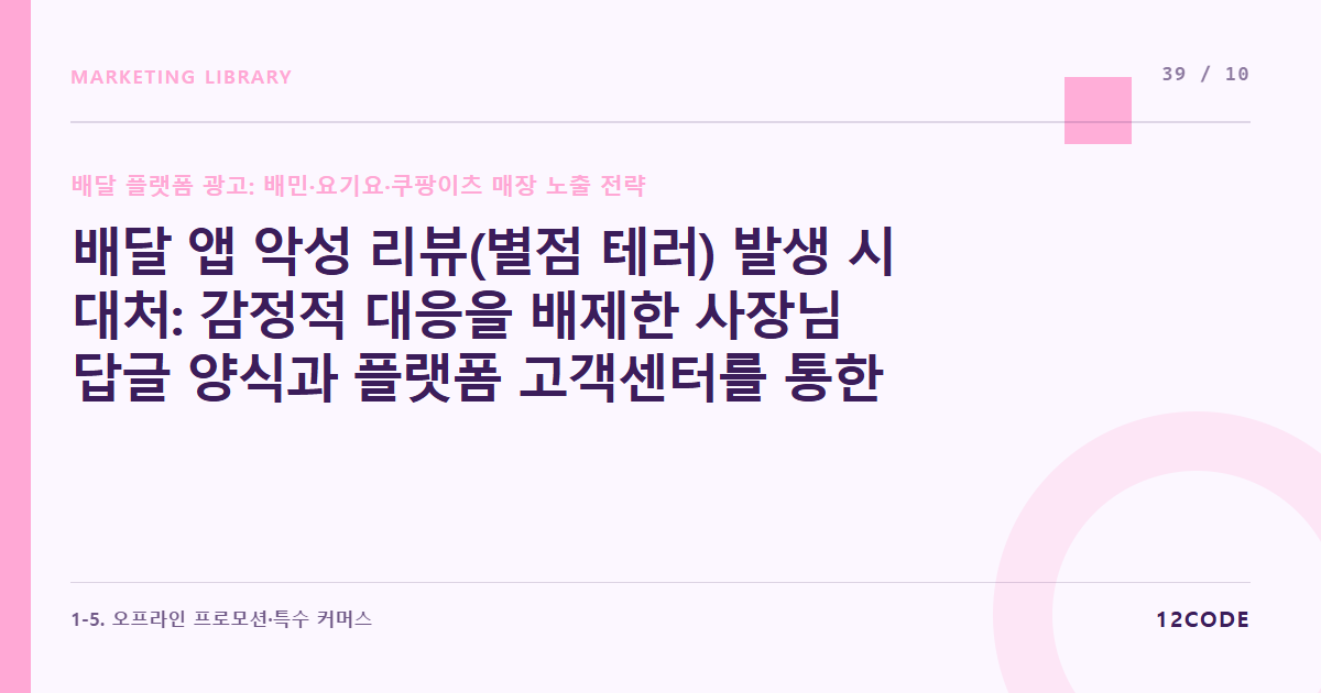 12code 라이브러리 아티클 표지. 배달 앱 악성 리뷰(별점 테러) 발생 시 대처: 감정적 대응을 배제한 사장님 답글 양식과 플랫폼 고객센터를 통한 '리뷰 블라인드(30일 노출 중단)' 신청