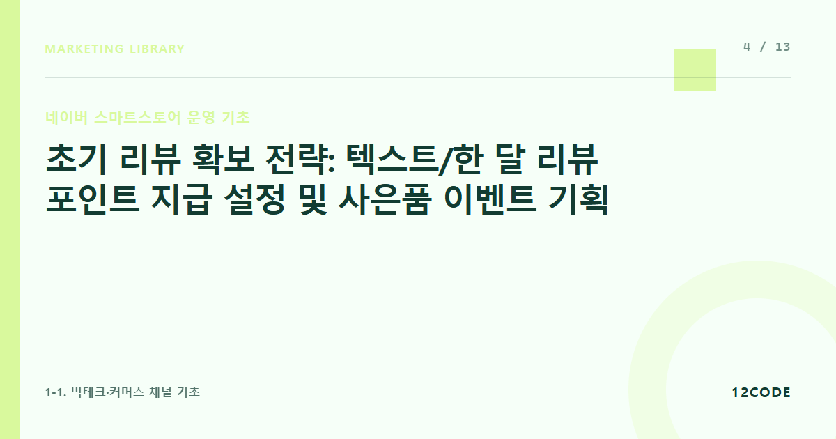 12code 라이브러리 아티클 표지. 초기 리뷰 확보 전략: 텍스트/한 달 리뷰 포인트 지급 설정 및 사은품 이벤트 기획