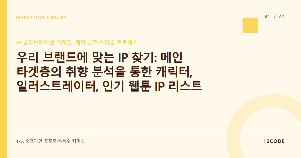 12code 라이브러리 아티클 표지. 우리 브랜드에 맞는 IP 찾기: 메인 타겟층의 취향 분석을 통한 캐릭터, 일러스트레이터, 인기 웹툰 IP 리스트업 및 포지셔닝 매칭