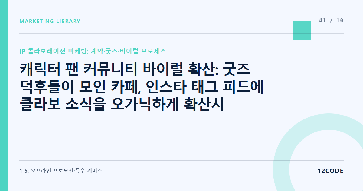 12code 라이브러리 아티클 표지. 캐릭터 팬 커뮤니티 바이럴 확산: 굿즈 덕후들이 모인 카페, 인스타 태그 피드에 콜라보 소식을 오가닉하게 확산시키는 넛지 기술