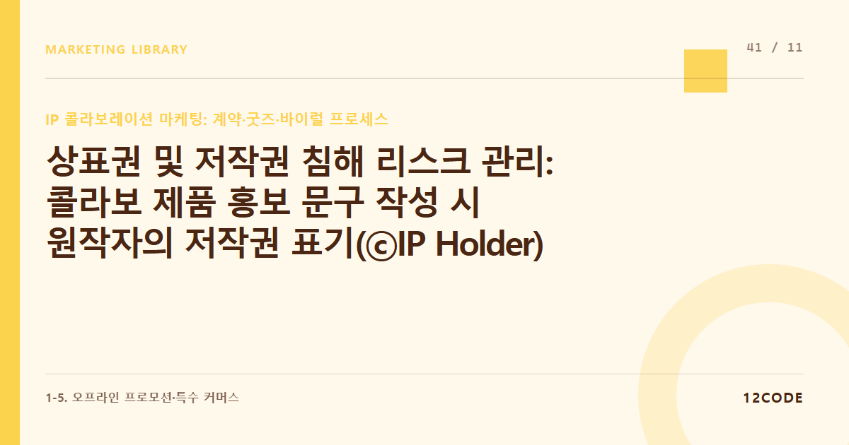 12code 라이브러리 아티클 표지. 상표권 및 저작권 침해 리스크 관리: 콜라보 제품 홍보 문구 작성 시 원작자의 저작권 표기(ⓒIP Holder) 필수 위치 및 규정 준수