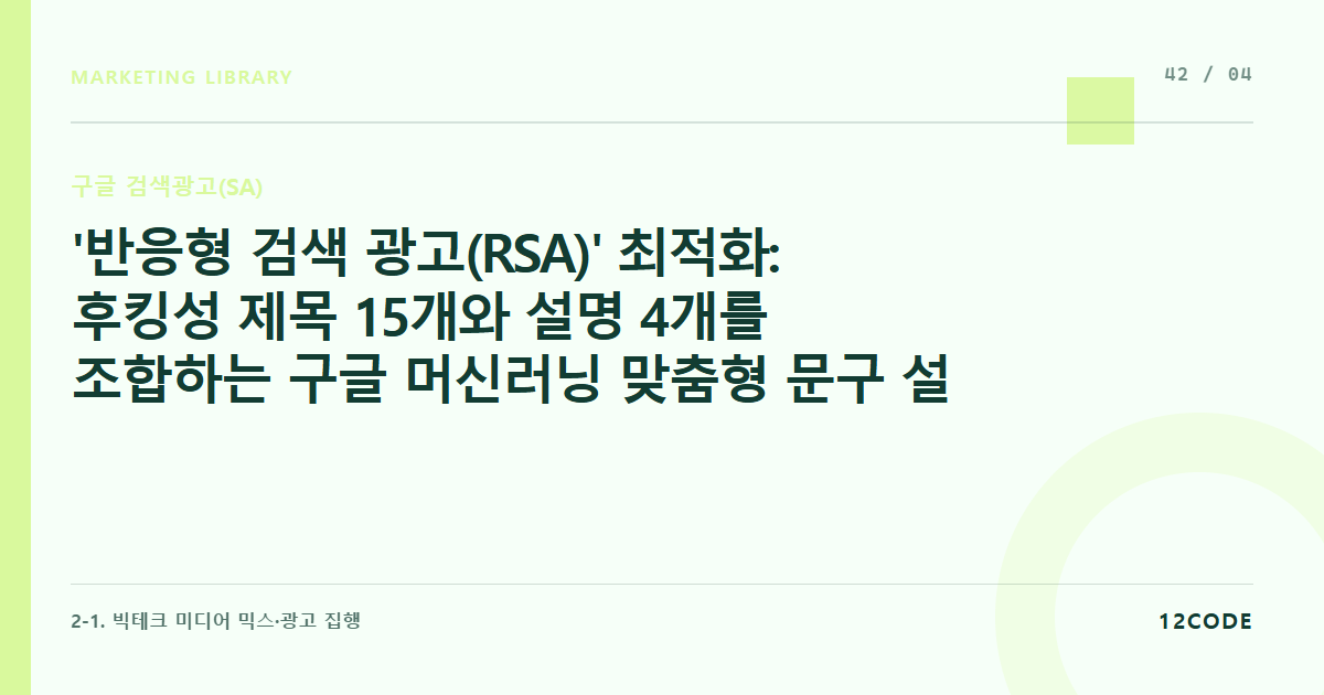 12code 라이브러리 아티클 표지. '반응형 검색 광고(RSA)' 최적화: 후킹성 제목 15개와 설명 4개를 조합하는 구글 머신러닝 맞춤형 문구 설계