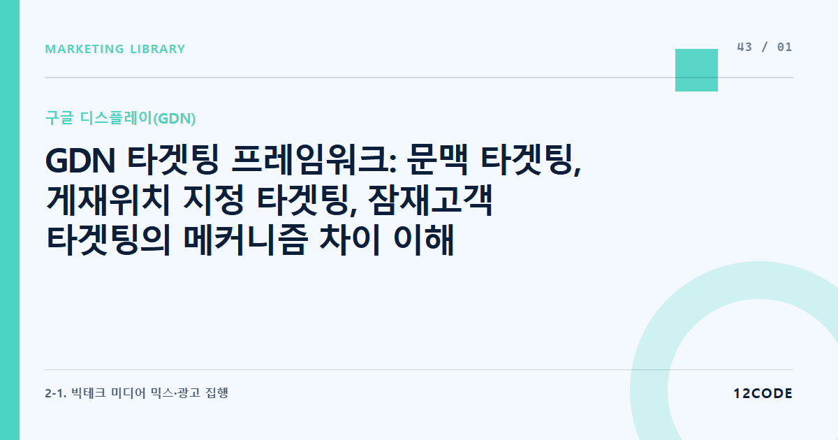 12code 라이브러리 아티클 표지. GDN 타겟팅 프레임워크: 문맥 타겟팅, 게재위치 지정 타겟팅, 잠재고객 타겟팅의 메커니즘 차이 이해