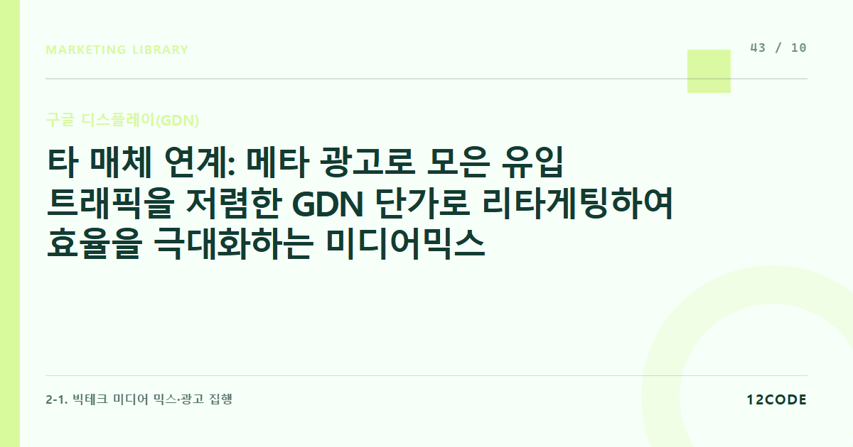 12code 라이브러리 아티클 표지. 타 매체 연계: 메타 광고로 모은 유입 트래픽을 저렴한 GDN 단가로 리타게팅하여 효율을 극대화하는 미디어믹스