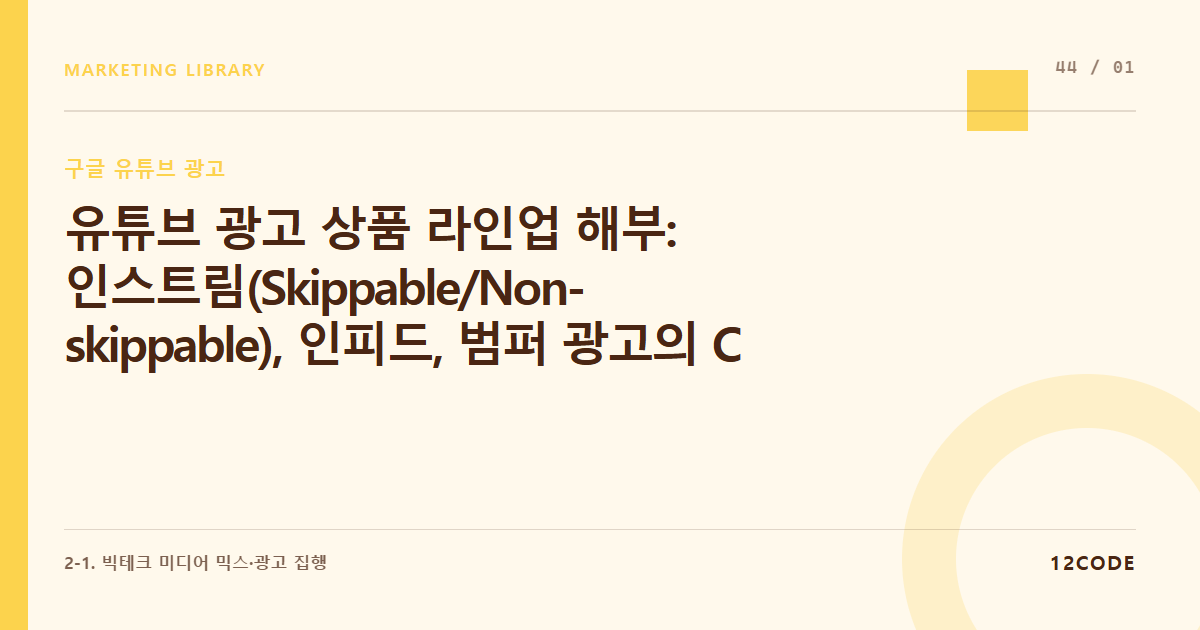 12code 라이브러리 아티클 표지. 유튜브 광고 상품 라인업 해부: 인스트림(Skippable/Non-skippable), 인피드, 범퍼 광고의 CPM/CPV 과금 구조
