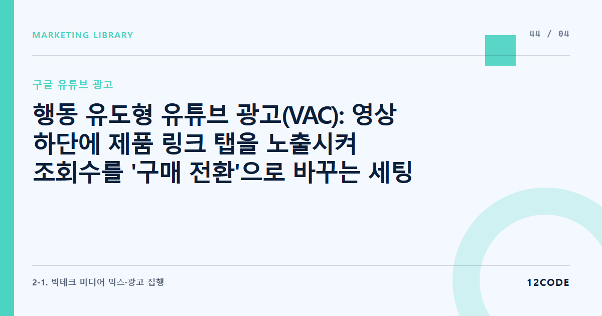 12code 라이브러리 아티클 표지. 행동 유도형 유튜브 광고(VAC): 영상 하단에 제품 링크 탭을 노출시켜 조회수를 '구매 전환'으로 바꾸는 세팅