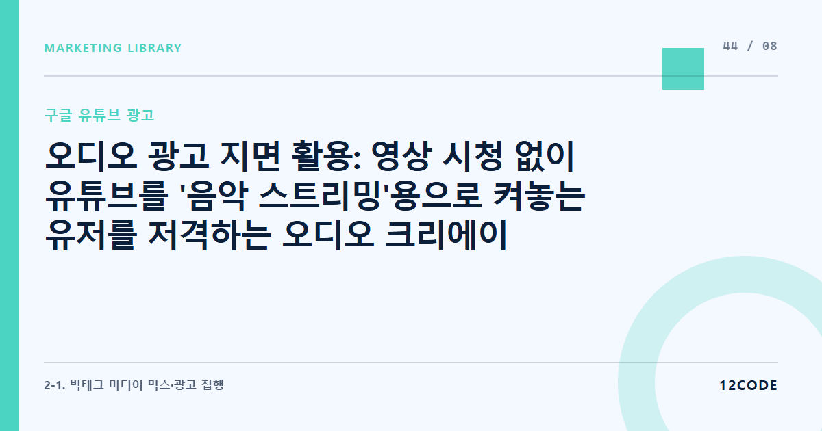 12code 라이브러리 아티클 표지. 오디오 광고 지면 활용: 영상 시청 없이 유튜브를 '음악 스트리밍'용으로 켜놓는 유저를 저격하는 오디오 크리에이티브