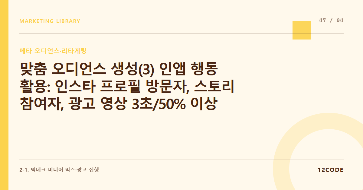 12code 라이브러리 아티클 표지. 맞춤 오디언스 생성(3) 인앱 행동 활용: 인스타 프로필 방문자, 스토리 참여자, 광고 영상 3초/50% 이상 시청자 타겟팅