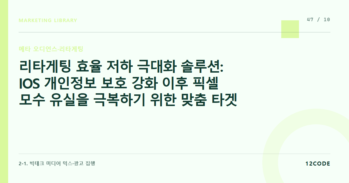 12code 라이브러리 아티클 표지. 리타게팅 효율 저하 극대화 솔루션: IOS 개인정보 보호 강화 이후 픽셀 모수 유실을 극복하기 위한 맞춤 타겟 기간 단축 기법