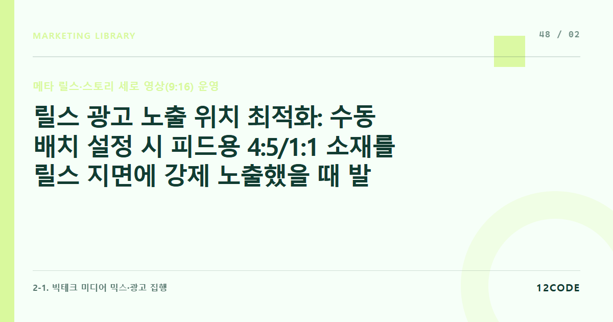 12code 라이브러리 아티클 표지. 릴스 광고 노출 위치 최적화: 수동 배치 설정 시 피드용 4:5/1:1 소재를 릴스 지면에 강제 노출했을 때 발생하는 텍스트 잘림 해결