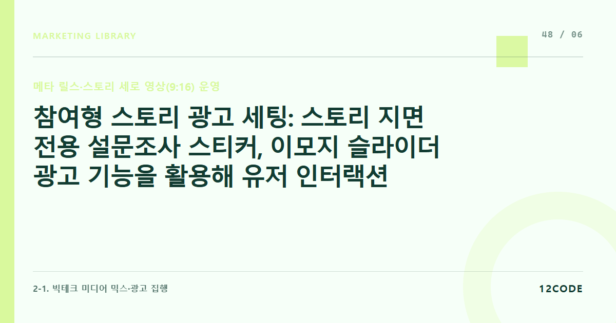12code 라이브러리 아티클 표지. 참여형 스토리 광고 세팅: 스토리 지면 전용 설문조사 스티커, 이모지 슬라이더 광고 기능을 활용해 유저 인터랙션과 CTR 올리기