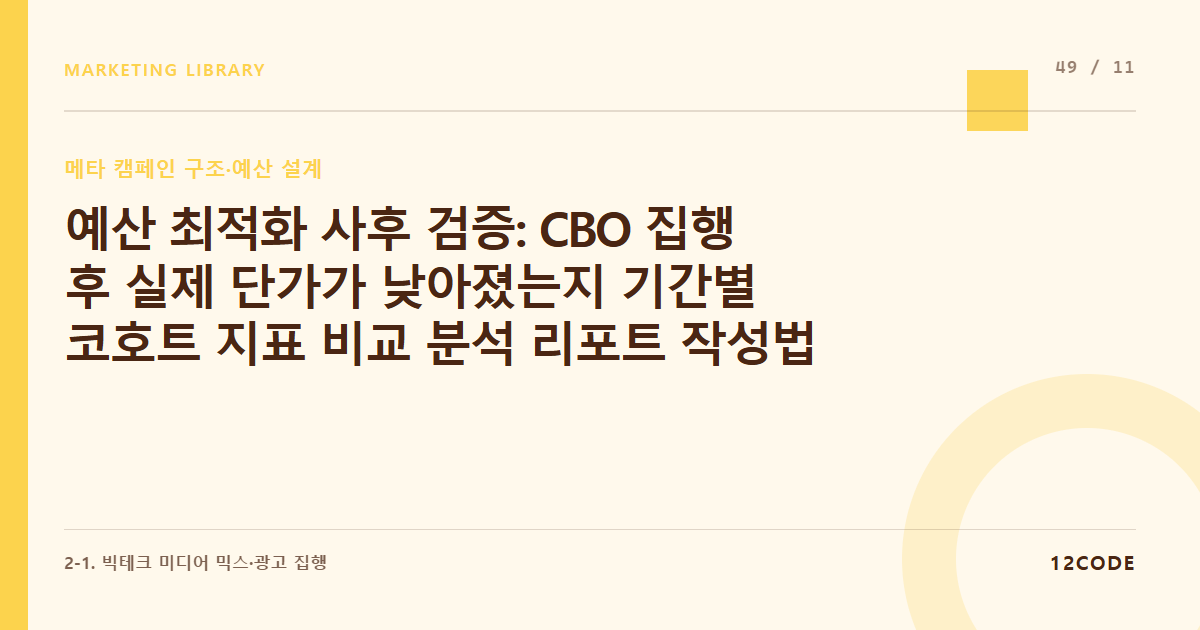 12code 라이브러리 아티클 표지. 예산 최적화 사후 검증: CBO 집행 후 실제 단가가 낮아졌는지 기간별 코호트 지표 비교 분석 리포트 작성법