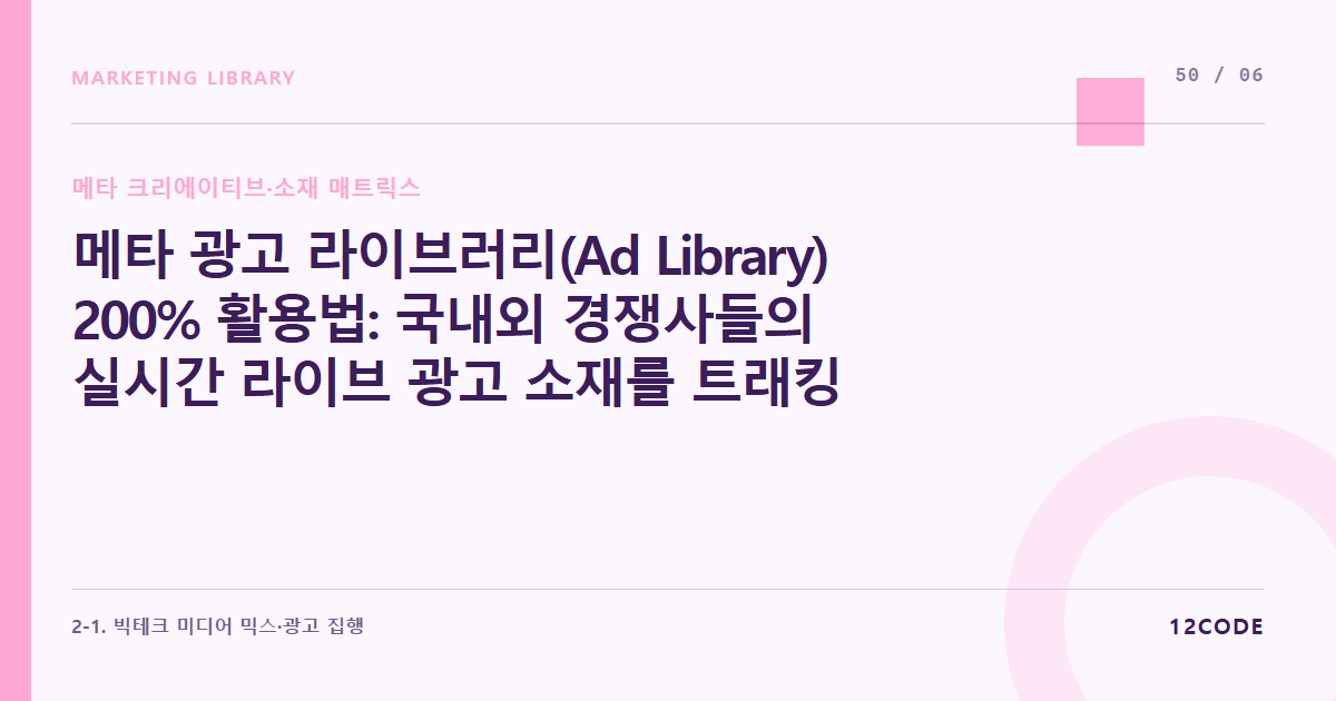 12code 라이브러리 아티클 표지. 메타 광고 라이브러리(Ad Library) 200% 활용법: 국내외 경쟁사들의 실시간 라이브 광고 소재를 트래킹하고 벤치마킹하는 룰