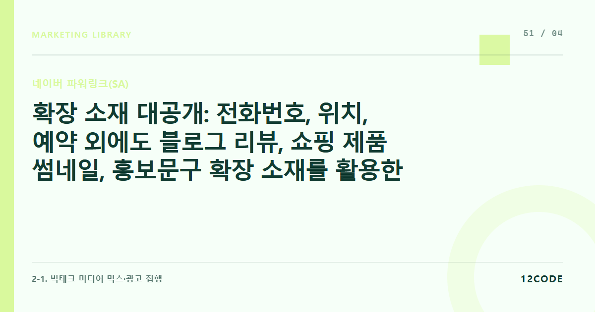 12code 라이브러리 아티클 표지. 확장 소재 대공개: 전화번호, 위치, 예약 외에도 블로그 리뷰, 쇼핑 제품 썸네일, 홍보문구 확장 소재를 활용한 화면 점유율 극대화