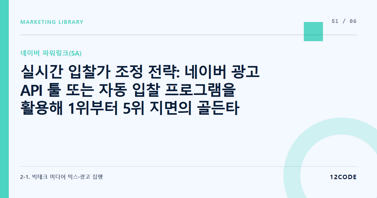 12code 라이브러리 아티클 표지. 실시간 입찰가 조정 전략: 네이버 광고 API 툴 또는 자동 입찰 프로그램을 활용해 1위부터 5위 지면의 골든타임 순위 사수 비딩법