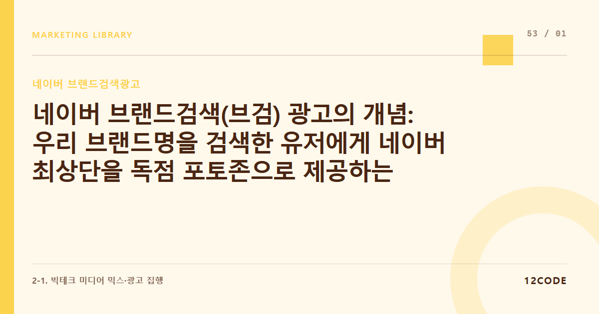 12code 라이브러리 아티클 표지. 네이버 브랜드검색(브검) 광고의 개념: 우리 브랜드명을 검색한 유저에게 네이버 최상단을 독점 포토존으로 제공하는 브랜딩 구좌