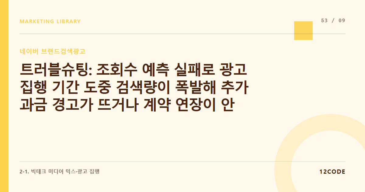 12code 라이브러리 아티클 표지. 트러블슈팅: 조회수 예측 실패로 광고 집행 기간 도중 검색량이 폭발해 추가 과금 경고가 뜨거나 계약 연장이 안 될 때의 대처법