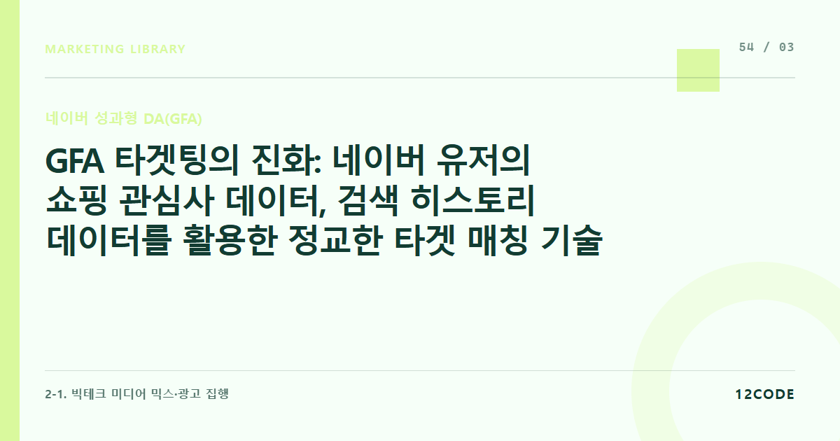 12code 라이브러리 아티클 표지. GFA 타겟팅의 진화: 네이버 유저의 쇼핑 관심사 데이터, 검색 히스토리 데이터를 활용한 정교한 타겟 매칭 기술