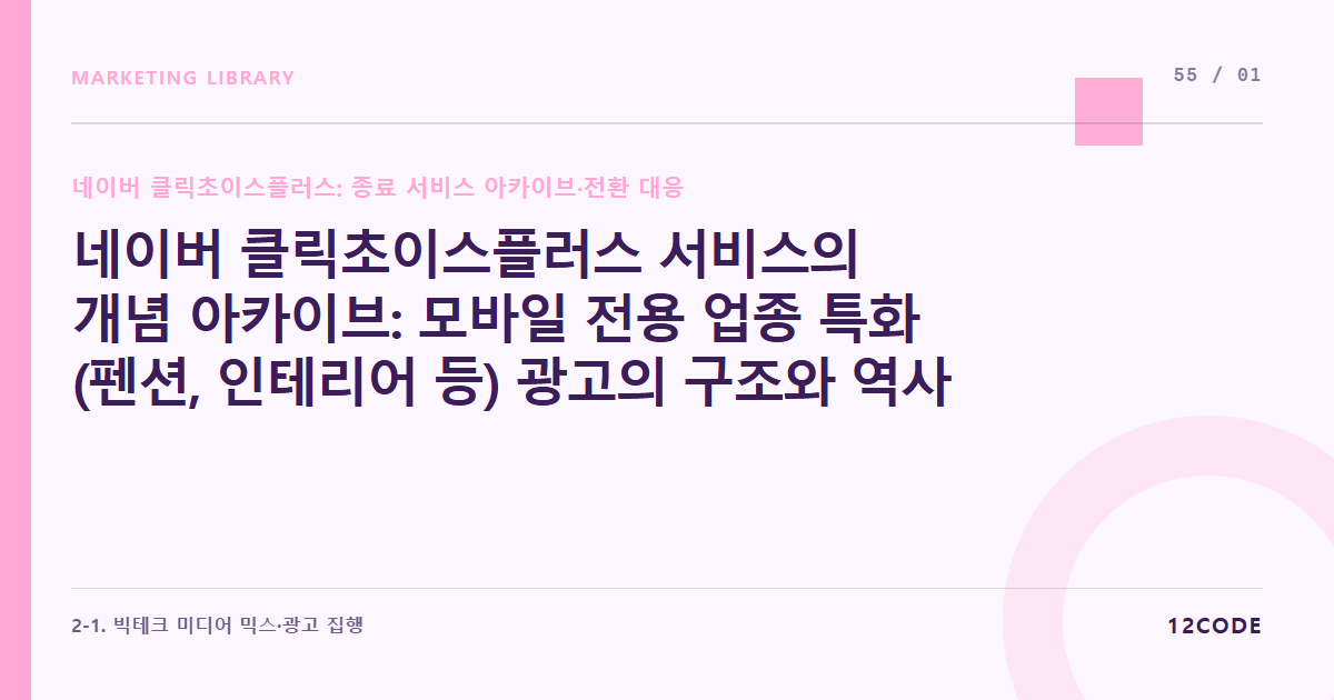 12code 라이브러리 아티클 표지. 네이버 클릭초이스플러스 서비스의 개념 아카이브: 모바일 전용 업종 특화(펜션, 인테리어 등) 광고의 구조와 역사적 의의