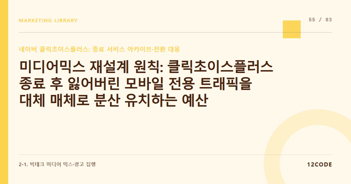 12code 라이브러리 아티클 표지. 미디어믹스 재설계 원칙: 클릭초이스플러스 종료 후 잃어버린 모바일 전용 트래픽을 대체 매체로 분산 유치하는 예산 재분배
