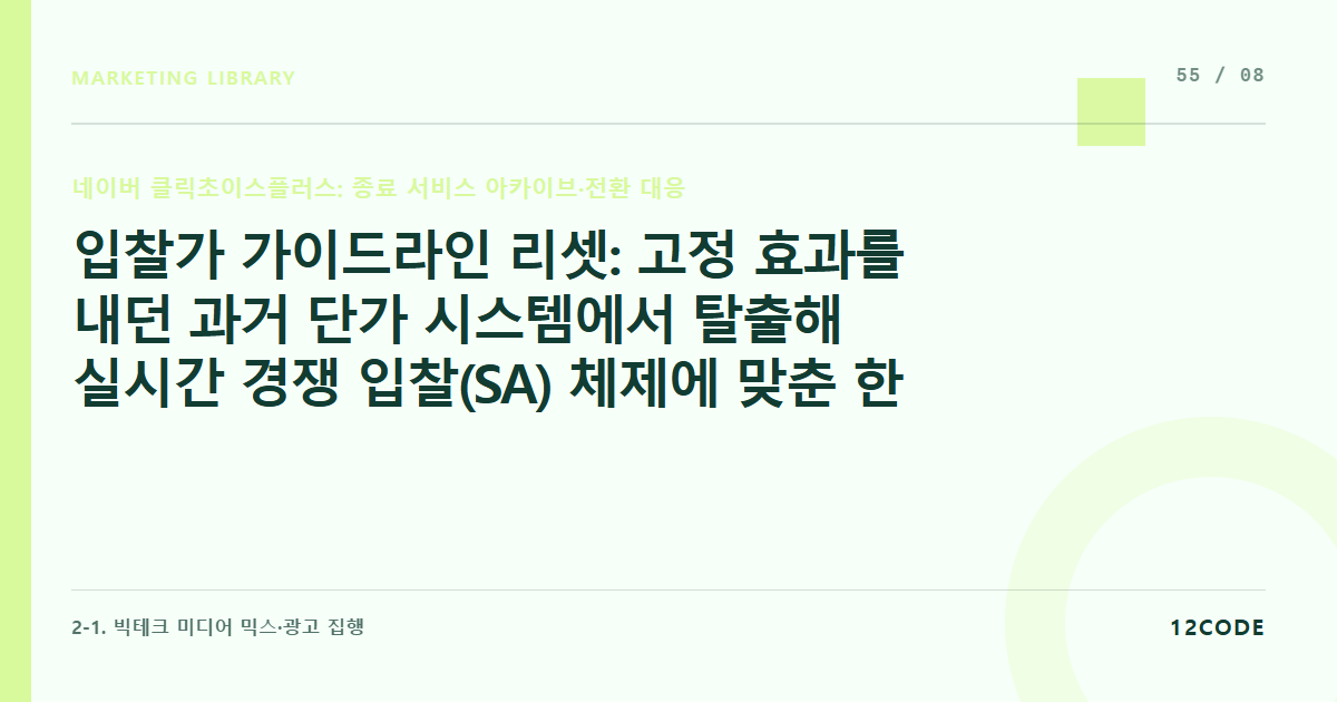 12code 라이브러리 아티클 표지. 입찰가 가이드라인 리셋: 고정 효과를 내던 과거 단가 시스템에서 탈출해 실시간 경쟁 입찰(SA) 체제에 맞춘 한계 CPC 마진율 재산정