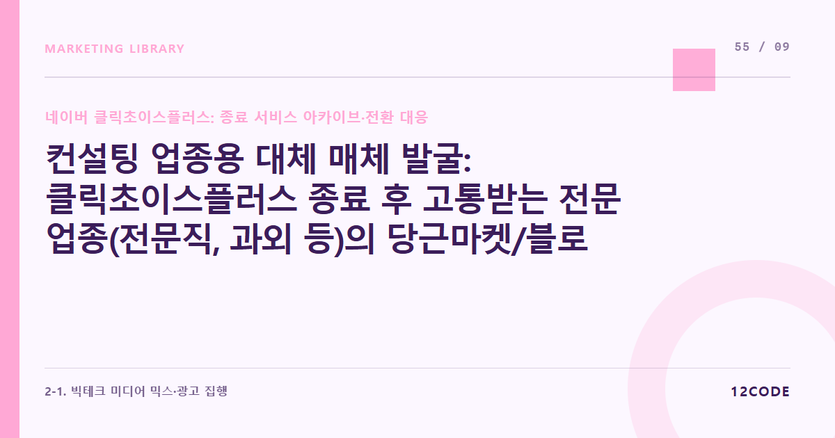 12code 라이브러리 아티클 표지. 컨설팅 업종용 대체 매체 발굴: 클릭초이스플러스 종료 후 고통받는 전문 업종(전문직, 과외 등)의 당근마켓/블로그 마케팅 전환 가이드