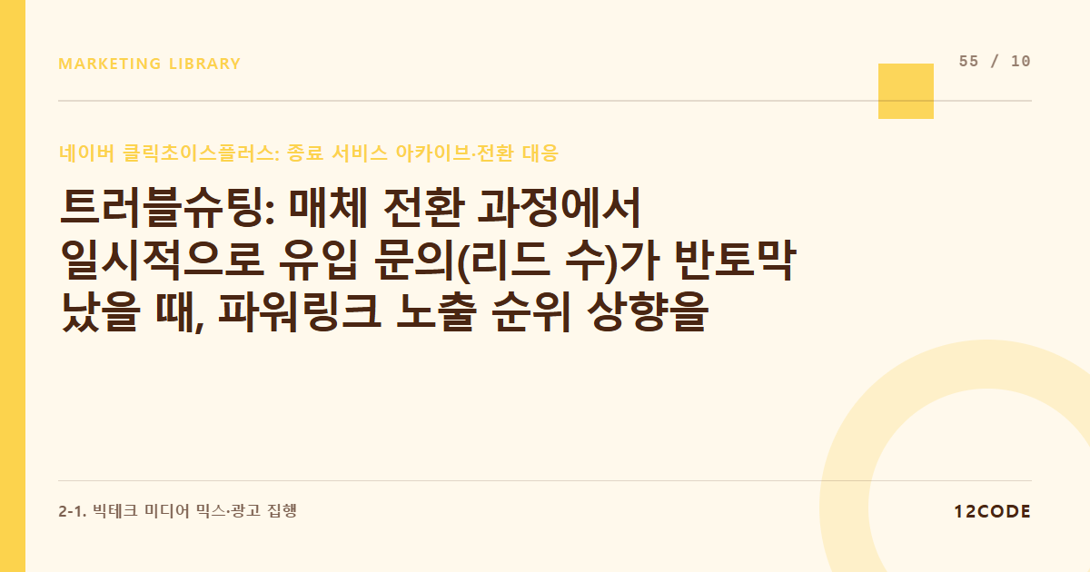 12code 라이브러리 아티클 표지. 트러블슈팅: 매체 전환 과정에서 일시적으로 유입 문의(리드 수)가 반토막 났을 때, 파워링크 노출 순위 상향을 통한 긴급 수혈