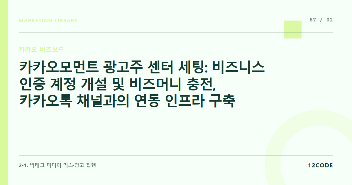12code 라이브러리 아티클 표지. 카카오모먼트 광고주 센터 세팅: 비즈니스 인증 계정 개설 및 비즈머니 충전, 카카오톡 채널과의 연동 인프라 구축