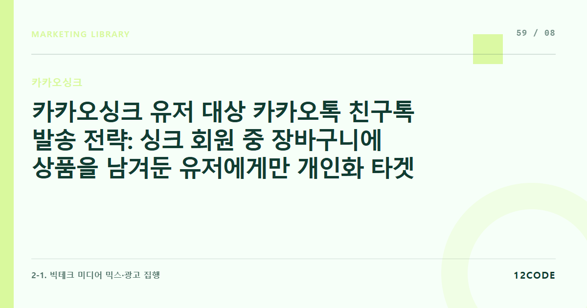 12code 라이브러리 아티클 표지. 카카오싱크 유저 대상 카카오톡 친구톡 발송 전략: 싱크 회원 중 장바구니에 상품을 남겨둔 유저에게만 개인화 타겟 카톡 메시지 발송