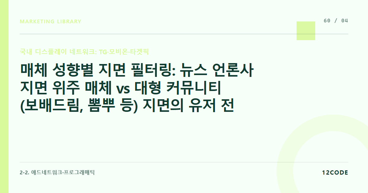 12code 라이브러리 아티클 표지. 매체 성향별 지면 필터링: 뉴스 언론사 지면 위주 매체 vs 대형 커뮤니티(보배드림, 뽐뿌 등) 지면의 유저 전환율 및 이탈률 분석