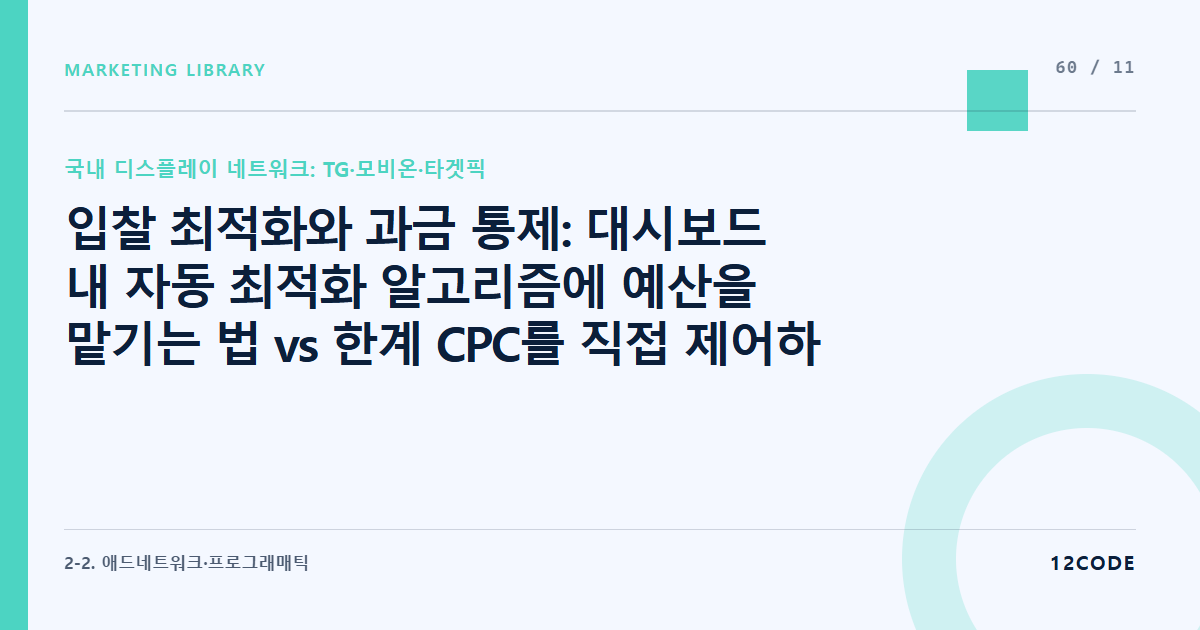 12code 라이브러리 아티클 표지. 입찰 최적화와 과금 통제: 대시보드 내 자동 최적화 알고리즘에 예산을 맡기는 법 vs 한계 CPC를 직접 제어하는 수동 입찰 비교