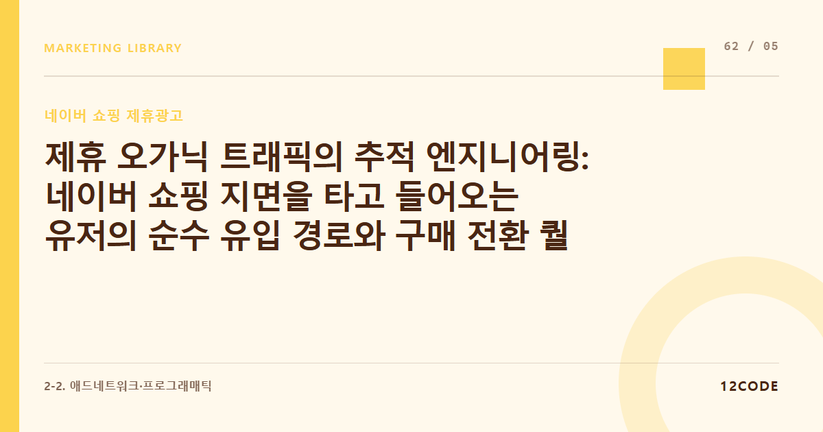 12code 라이브러리 아티클 표지. 제휴 오가닉 트래픽의 추적 엔지니어링: 네이버 쇼핑 지면을 타고 들어오는 유저의 순수 유입 경로와 구매 전환 퀄리티 GA4로 격리 추적하기