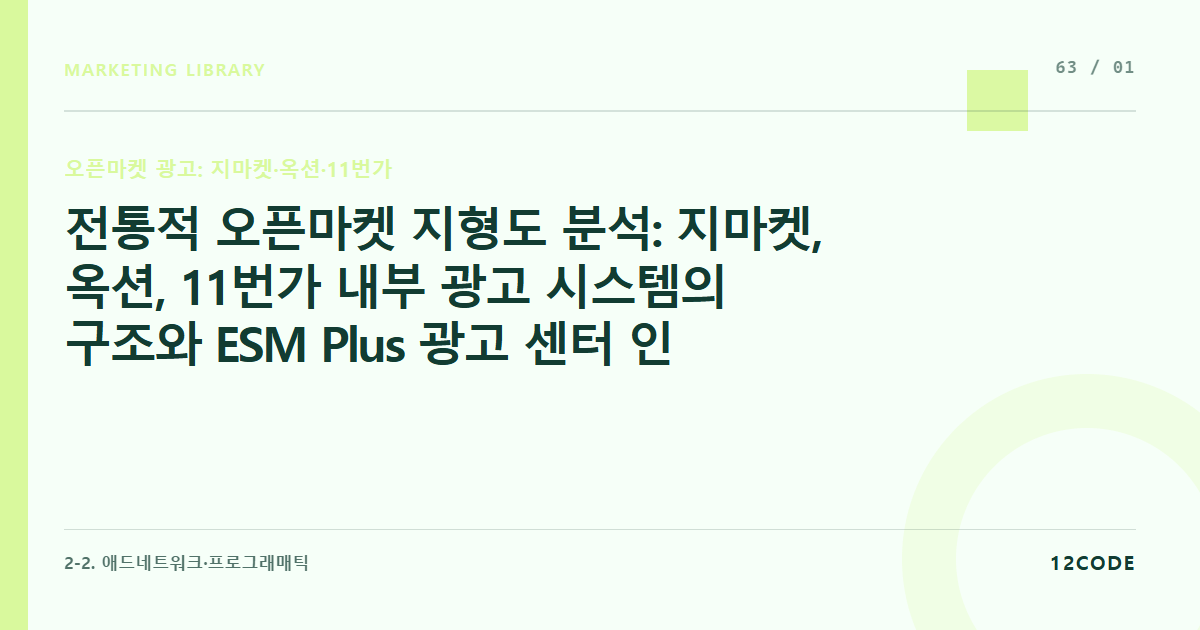 12code 라이브러리 아티클 표지. 전통적 오픈마켓 지형도 분석: 지마켓, 옥션, 11번가 내부 광고 시스템의 구조와 ESM Plus 광고 센터 인터페이스 완벽 해부