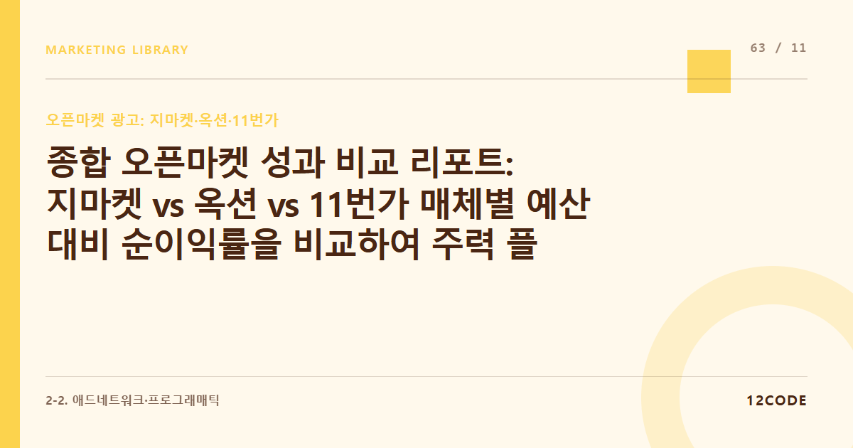 12code 라이브러리 아티클 표지. 종합 오픈마켓 성과 비교 리포트: 지마켓 vs 옥션 vs 11번가 매체별 예산 대비 순이익률을 비교하여 주력 플랫폼을 선별하는 법