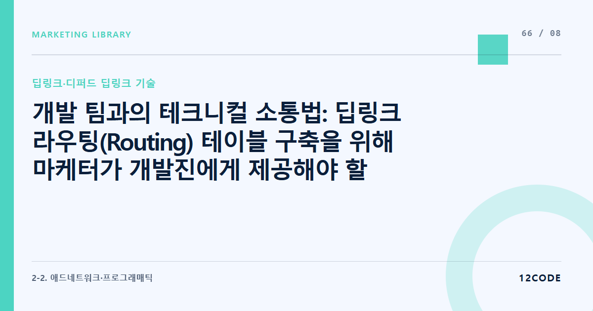 12code 라이브러리 아티클 표지. 개발 팀과의 테크니컬 소통법: 딥링크 라우팅(Routing) 테이블 구축을 위해 마케터가 개발진에게 제공해야 할 상품 ID 및 카테고리 코드 매칭 표