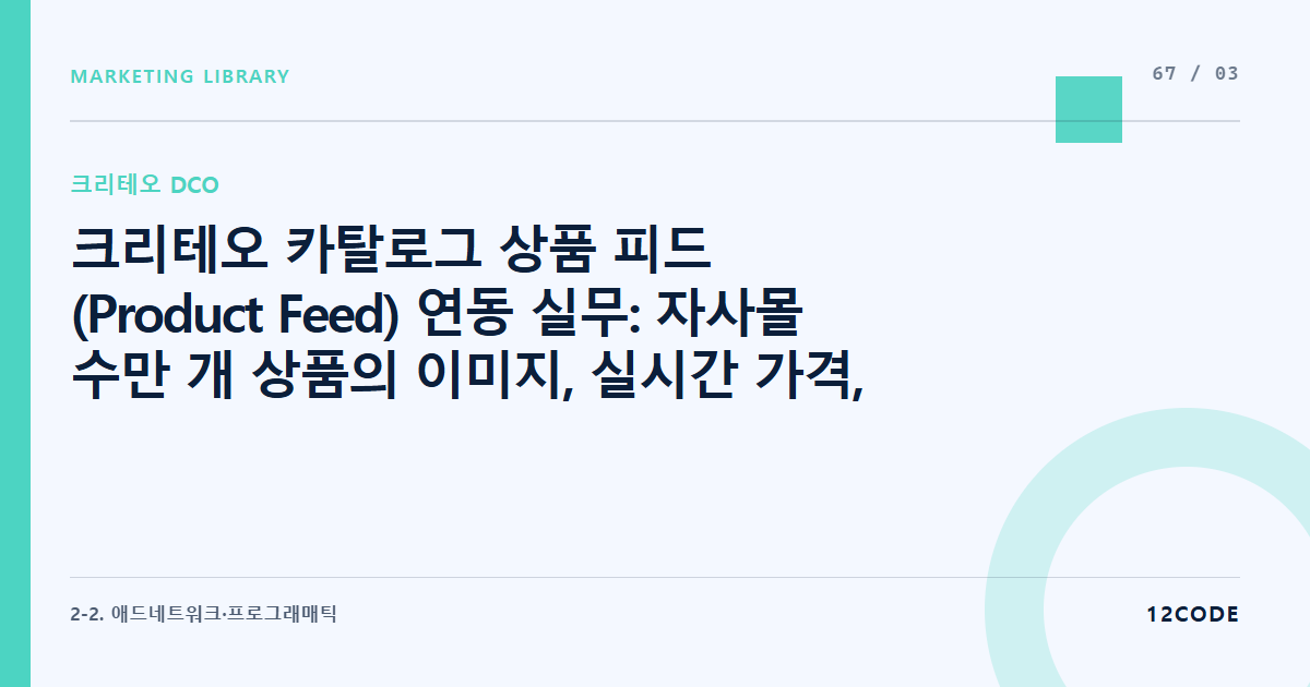 12code 라이브러리 아티클 표지. 크리테오 카탈로그 상품 피드(Product Feed) 연동 실무: 자사몰 수만 개 상품의 이미지, 실시간 가격, 재고 데이터를 크리테오 서버에 XML/CSV로 자동 동기화