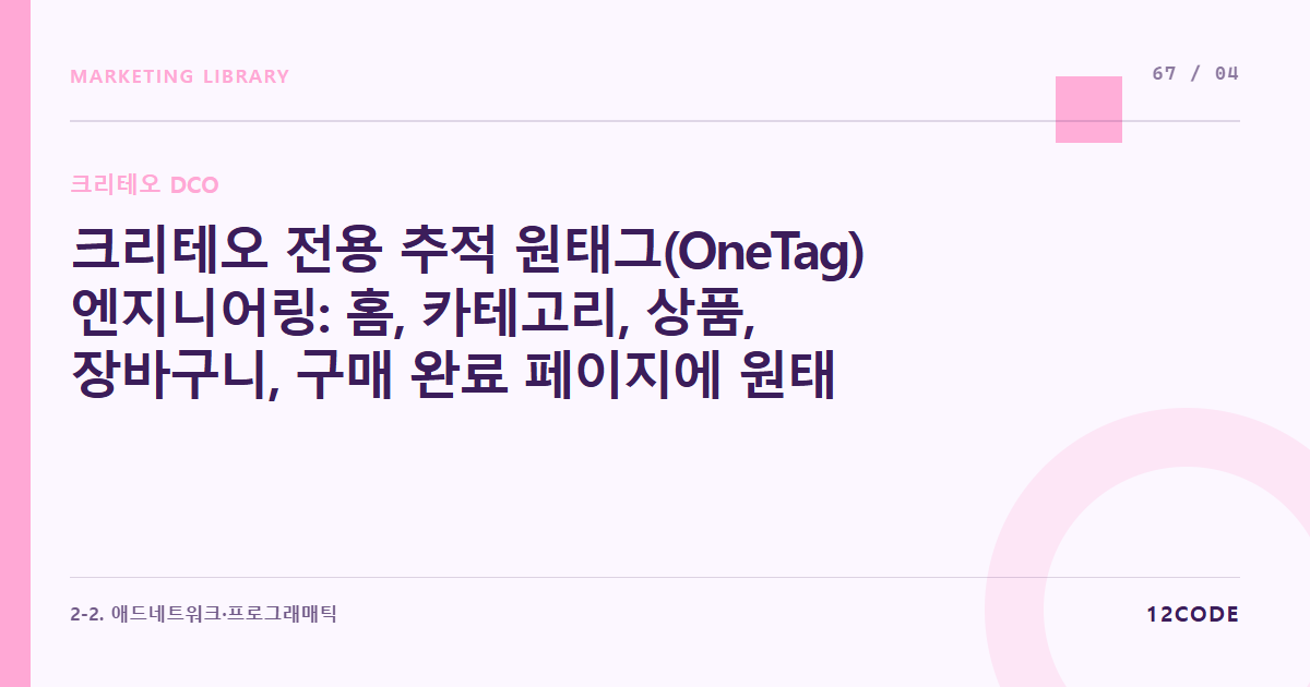 12code 라이브러리 아티클 표지. 크리테오 전용 추적 원태그(OneTag) 엔지니어링: 홈, 카테고리, 상품, 장바구니, 구매 완료 페이지에 원태그 에러 없이 삽입하고 데이터 레이어 맞추기