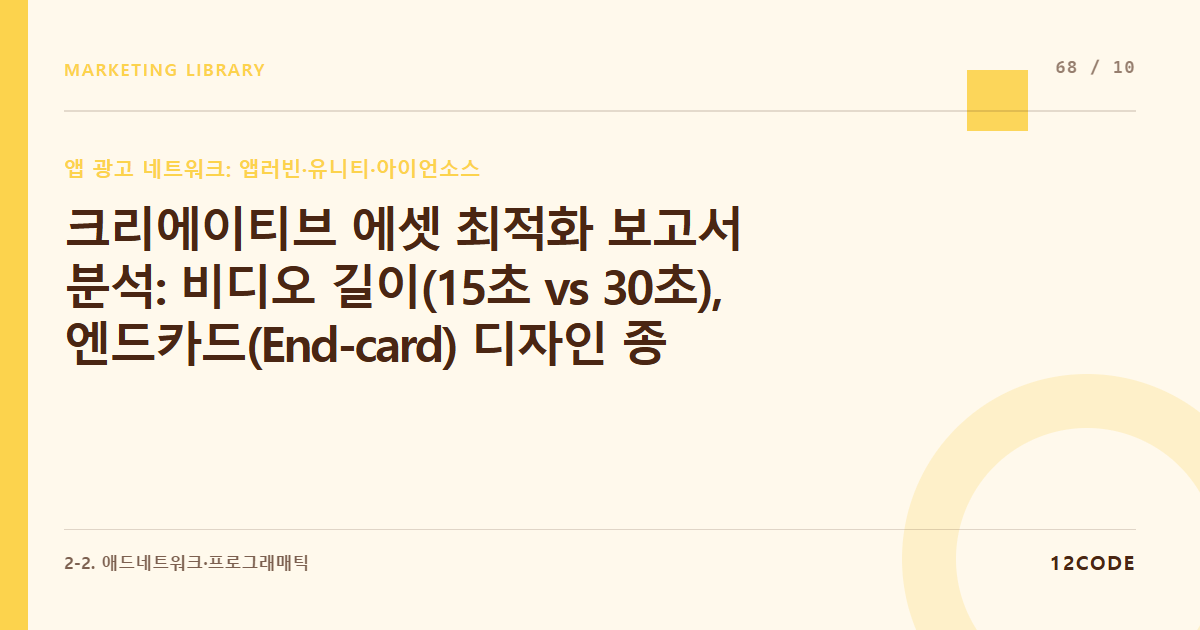 12code 라이브러리 아티클 표지. 크리에이티브 에셋 최적화 보고서 분석: 비디오 길이(15초 vs 30초), 엔드카드(End-card) 디자인 종류에 따른 앱 설치 전환율(IR) 데이터 피드백