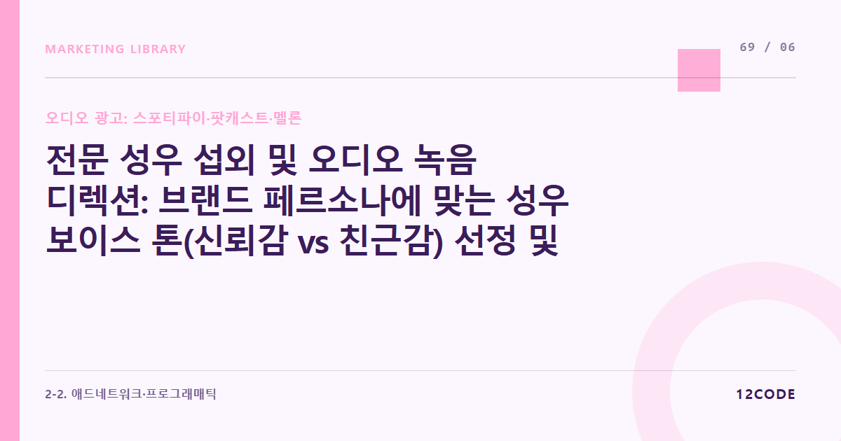 12code 라이브러리 아티클 표지. 전문 성우 섭외 및 오디오 녹음 디렉션: 브랜드 페르소나에 맞는 성우 보이스 톤(신뢰감 vs 친근감) 선정 및 배경음악 볼륨 믹싱 가이드