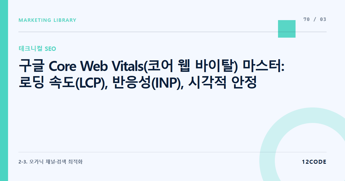 12code 라이브러리 아티클 표지. 구글 Core Web Vitals(코어 웹 바이탈) 마스터: 로딩 속도(LCP), 반응성(INP), 시각적 안정성(CLS) 테크니컬 개선 실무