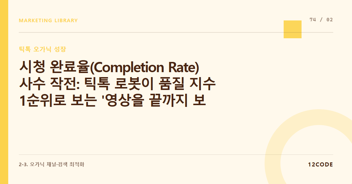 12code 라이브러리 아티클 표지. 시청 완료율(Completion Rate) 사수 작전: 틱톡 로봇이 품질 지수 1순위로 보는 '영상을 끝까지 보았는가'를 잡는 반전 스크립트 기획