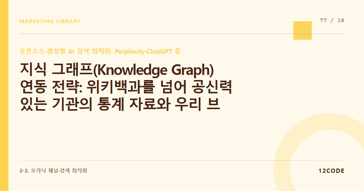 12code 라이브러리 아티클 표지. 지식 그래프(Knowledge Graph) 연동 전략: 위키백과를 넘어 공신력 있는 기관의 통계 자료와 우리 브랜드 데이터를 결합해 AI 에이전트에 자산 인식시키기