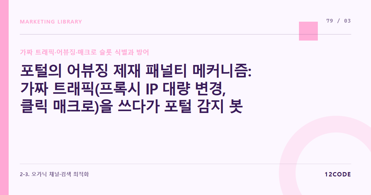 12code 라이브러리 아티클 표지. 포털의 어뷰징 제재 패널티 메커니즘: 가짜 트래픽(프록시 IP 대량 변경, 클릭 매크로)을 쓰다가 포털 감지 봇에 걸려 매장이 영구 삭제되는 과정 해부