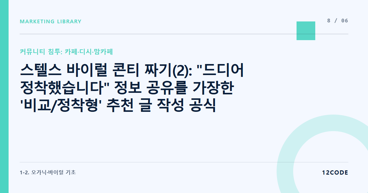 12code 라이브러리 아티클 표지. 스텔스 바이럴 콘티 짜기(2): "드디어 정착했습니다" 정보 공유를 가장한 '비교/정착형' 추천 글 작성 공식