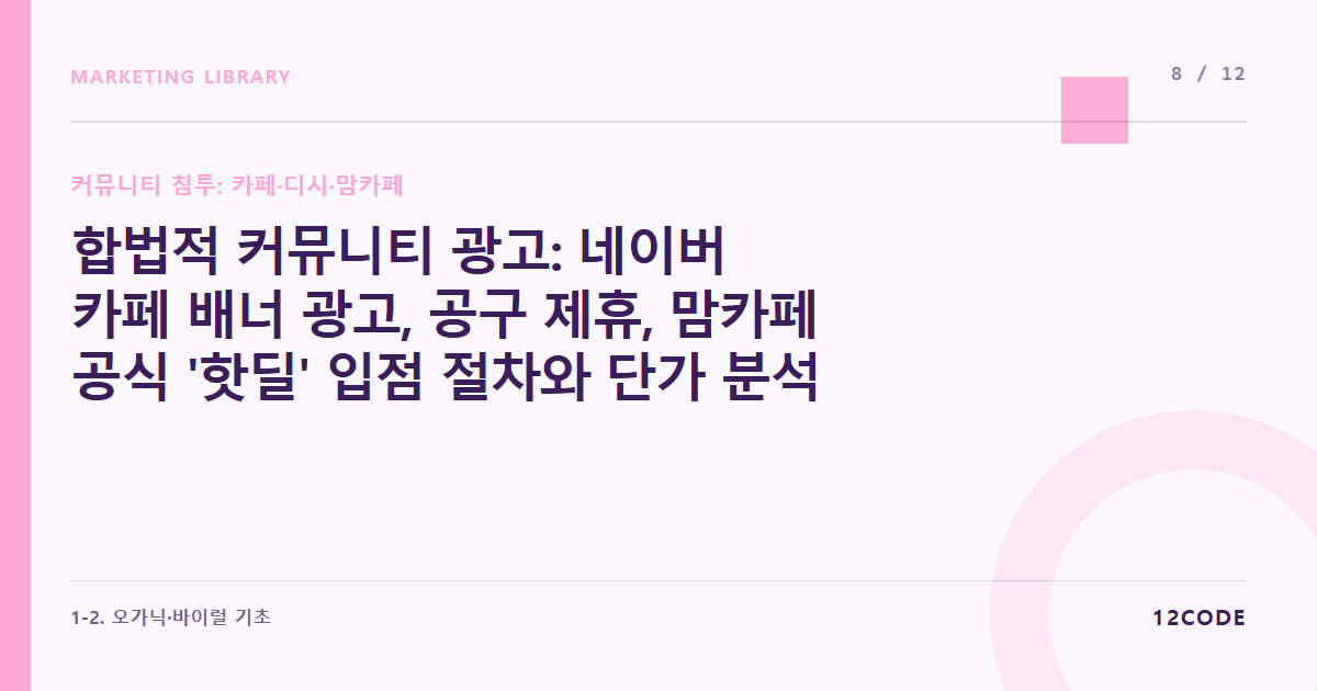 12code 라이브러리 아티클 표지. 합법적 커뮤니티 광고: 네이버 카페 배너 광고, 공구 제휴, 맘카페 공식 '핫딜' 입점 절차와 단가 분석